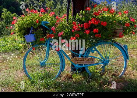 Vieux vélo décoré de fleurs au bord du chemin au bout du sentier de randonnée de 4000 marches. Valleraugue, Occitanie, France Banque D'Images