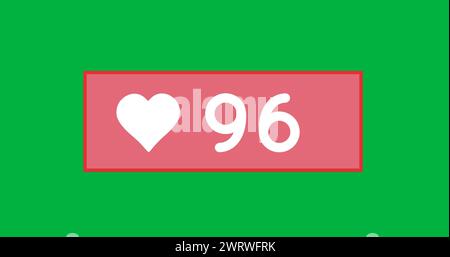Image numérique d'une icône de coeur augmentant en nombre sur un fond vert 4k Banque D'Images