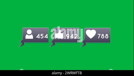 Image du bouton Follow, Like et Heart augmentant en nombres avec fond vert 4k Banque D'Images