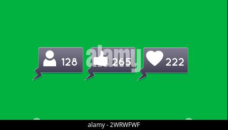 Image du bouton Follow, Like et Heart augmentant en nombres avec fond vert 4k Banque D'Images