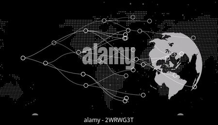 Image numérique du réseau de connexions sur le globe tournant et la carte du monde sur fond noir Banque D'Images