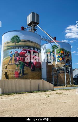 Silos à grains décorés à Colbinabbin - partie de la piste d'art de silo, Victoria, Australie Banque D'Images