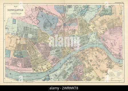 NEWCASTLE-UPON-TYNE & Gateshead plan de ville GW BACON 1898 ancienne carte antique Banque D'Images