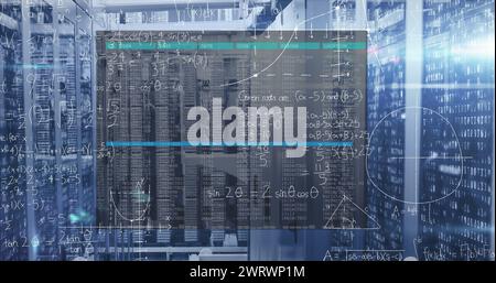 Illustration des équations mathématiques et du traitement des données dans la salle des serveurs Banque D'Images