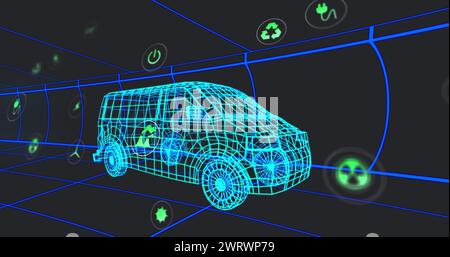 Image de plusieurs icônes numériques sur un modèle de fourgon 3D se déplaçant en continu dans un tunnel Banque D'Images