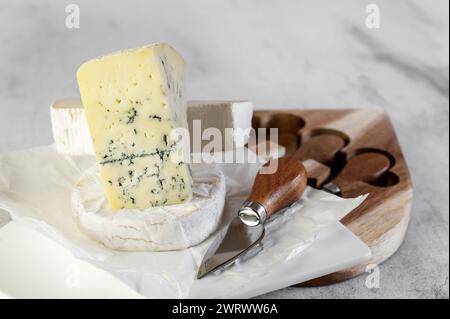 fromages à pâte molle avec moisissure bleue et blanche sur un tableau blanc. Une variété de brie, garganzolla, fromage bleu à pâte molle danois et autres fromages à pâte molle. Banque D'Images