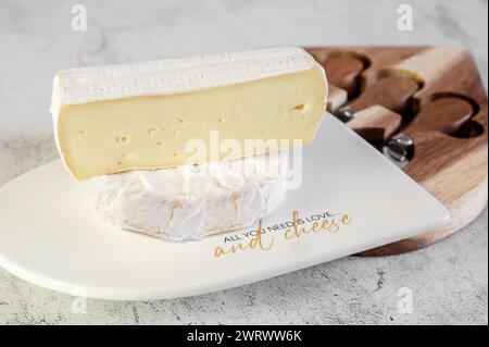 fromages à pâte molle avec moisissure bleue et blanche sur un tableau blanc. Une variété de brie, garganzolla, fromage bleu à pâte molle danois et autres fromages à pâte molle. Banque D'Images