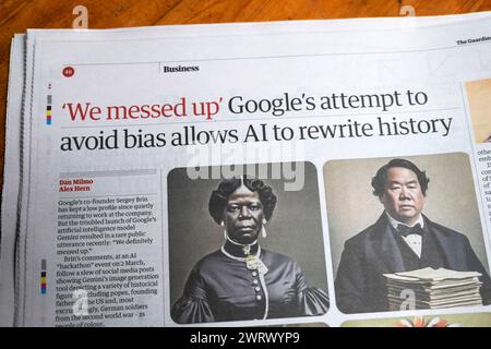 « Nous avons foiré » la tentative de Google d'éviter les préjugés permet à l'IA de réécrire l'histoire » du journal Guardian titre social media article 9 mars 2024 Londres Royaume-Uni Banque D'Images