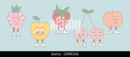 Personnages de fruits de dessin animé groovy de style rétro tendance. Mascotte comique mignonne moderne de framboise mûre, pomme, fraise, cerise, pêche avec visage de sourire heureux Illustration de Vecteur