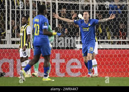 Istanbul, Turquie. 14 mars 2024. Gustaf Nilsson réagit lors d'un match de football entre le club turc Fenerbahce SK et le club belge Royale Union Saint Gilloise, le jeudi 14 mars 2024 à Istanbul, Turquie, le match retour de la finale 1/8 de l'UEFA Conference League. BELGA PHOTO LAURIE DIEFFEMBACQ crédit : Belga News Agency/Alamy Live News Banque D'Images