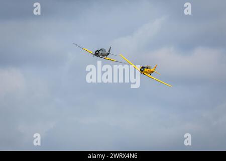 1942 Harvard FE511 & Navy Wings - 1954 Harvard T6 'G-NWHF, aéroporté au spectacle aérien Race Day qui s'est tenu à Shuttleworth le 1er octobre 2023. Banque D'Images