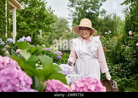 belle belle femme mûre joyeux avec tablier et outils de jardinage prenant soin de la belle hortensia Banque D'Images