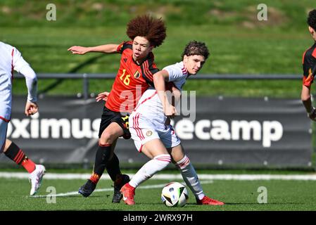 Aaron Ibrahim (16 ans), de Belgique, a photographié un combat pour le ballon avec Benjamin Golik (9 ans), de Hongrie, lors d'un match amical entre les équipes nationales de Belgique et de Hongrie de moins de 16 ans, le jeudi 14 mars 2024 à Tubize , Belgique . PHOTO SPORTPIX | David Catry Banque D'Images