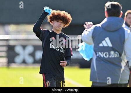 Tubize, Belgique. 14 mars 2024. Aaron Ibrahim (16 ans) de Belgique photographié lors d'un match amical de football entre les équipes nationales de Belgique et de Hongrie de moins de 16 ans, le jeudi 14 mars 2024 à Tubize, Belgique . Crédit : Sportpix/Alamy Live News Banque D'Images