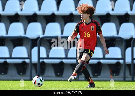 Tubize, Belgique. 14 mars 2024. Aaron Ibrahim (16 ans) de Belgique photographié lors d'un match amical de football entre les équipes nationales de Belgique et de Hongrie de moins de 16 ans, le jeudi 14 mars 2024 à Tubize, Belgique . Crédit : Sportpix/Alamy Live News Banque D'Images