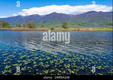 Vue sur le lac artificiel Kerkini et une partie du mont Beles enneigé dans le nord de la Grèce Banque D'Images