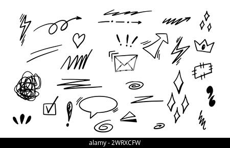 Ensemble de différents doodles dessinés à la main. Illustration de Vecteur