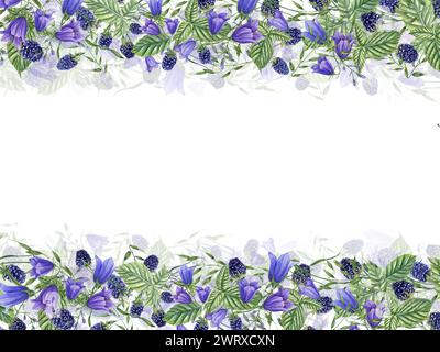 Baies sauvages et plantes de prairie. Mûres et fleurs de cloche. Cadre horizontal avec baies, campanula, épi. Dewberry, Bramble. Banque D'Images