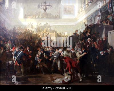 Chute de Robespierre dans la Convention, peinture de Max Adamo, le coup d'État du 9 Thermidor ou la chute de Maximilien Robespierre est la série d'événements commençant par le discours de Maximilien Robespierre à la Convention nationale le 8 Thermidor an II (26 juillet 1794), Banque D'Images