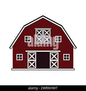 Grange en bois rouge avec portail et fenêtres ouverts. Vue de face. Illustration vectorielle de contour isolé sur fond blanc Illustration de Vecteur