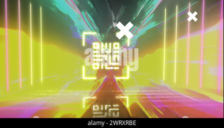 Image de qr code, carte du monde avec marqueurs et traitement des données sur des traînées de lumière Banque D'Images