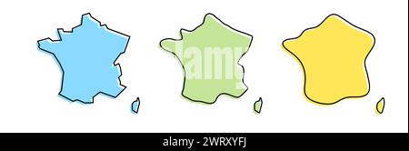 Contour noir pays France et silhouettes pays colorées dans trois niveaux différents de douceur. Cartes simplifiées. Icônes vectorielles isolées sur fond blanc. Illustration de Vecteur