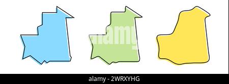 Mauritanie contour noir de pays et silhouettes de pays colorées dans trois niveaux différents de douceur. Cartes simplifiées. Icônes vectorielles isolées sur fond blanc. Illustration de Vecteur