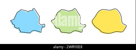 Contour noir de pays de Roumanie et silhouettes de pays colorées dans trois niveaux différents de douceur. Cartes simplifiées. Icônes vectorielles isolées sur fond blanc. Illustration de Vecteur
