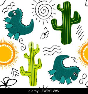 Désert d'été sans couture animaux dinosaures cactus et motif de soleil pour l'emballage du papier et des tissus et des draps et des enfants impression et emballage festif et partie Banque D'Images