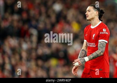 Liverpool, Royaume-Uni. 14 mars 2024. Darwin Nunez de Liverpool regarde. UEFA Europa League, manche 16, match de 2ème manche, Liverpool contre Sparta Prague à Anfield à Liverpool le jeudi 14 mars 2024. Cette image ne peut être utilisée qu'à des fins éditoriales. Usage éditorial exclusif. photo par Chris Stading/Andrew Orchard photographie sportive/Alamy Live News crédit : Andrew Orchard photographie sportive/Alamy Live News Banque D'Images