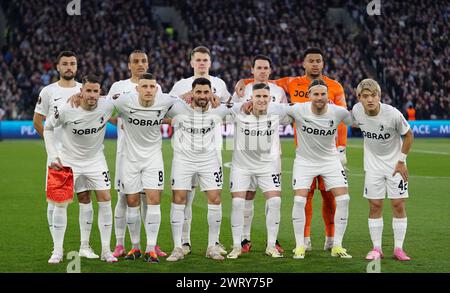 Londres, Royaume-Uni. 14 mars 2024. Les joueurs de Freiburg avant West Ham United FC contre SC Freiburg UEFA Europa League dernier 16 match au London Stadium, Londres, Angleterre, Royaume-Uni le 14 mars 2024. Crédit : Every second Media/Alamy Live News Banque D'Images