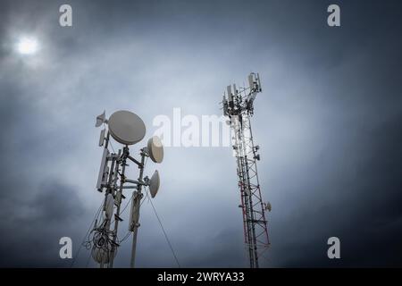 Image des répéteurs et de l'antenne pour la transmission de téléphone mobile. Prise en Hongrie. Banque D'Images