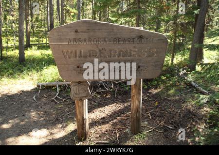 Absaroka-Beartooth Wilderness limite Russell Creek Trail panneau dans la forêt nationale Gallatin dans les montagnes Beartooth, Montana Banque D'Images