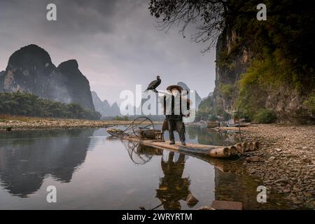 Homme chinois pêchant avec des oiseaux cormorans, Yangshuo, région du Guangxi, pêche traditionnelle utilisation des cormorans entraînés à pêcher Banque D'Images