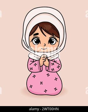 Mignonne petite fille priant en foulard. Personnage d'enfant croyant religieux avec les mains pliées dans la prière. Illustration vectorielle. Dessin à la main de couleur avec do Illustration de Vecteur