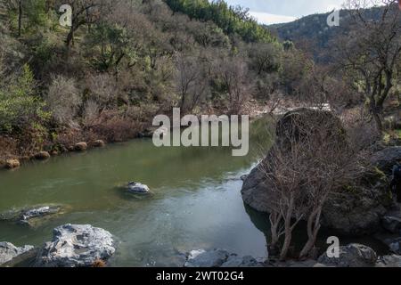 Coyote Creek coulant à travers les collines du parc d'État Henry W. Coe en Californie - la rivière est une source importante d'eau douce pour la région. Banque D'Images