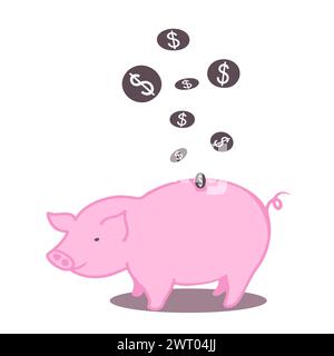 Dessin animé rose Piggy Bank avec pièce de monnaie tombant vers le bas illustration vectorielle graphique. Concept d'économie d'argent. Illustration de Vecteur