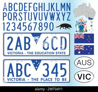 Victoria State modèle de plaque d'immatriculation de voiture australienne, lettres, chiffres et symboles, illustration vectorielle, Australie Illustration de Vecteur