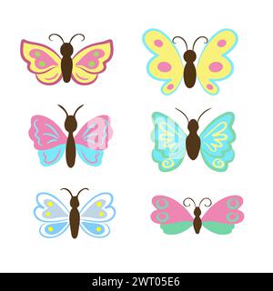 Ensemble clipart de dessin animé papillon mignon. Collection vectorielle de papillons colorés Illustration de Vecteur