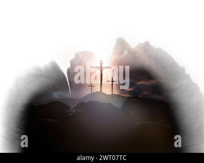 Calvaire Golgotha colline fond, croix symbolisant le sacrifice et la souffrance de Jésus et la lumière rouge, semaine de la passion et Carême concept de Pâques Banque D'Images