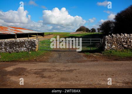 Une double passerelle pour les véhicules agricoles plus larges, située entre deux murs de pierre dans un cadre rural. Banque D'Images