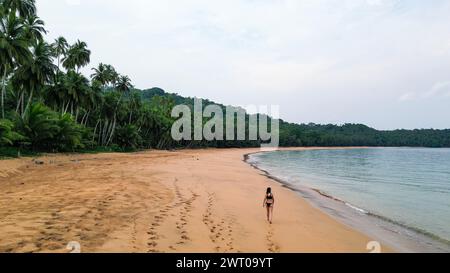 Une personne se promenant sur une plage tropicale, entourée de palmiers, Desert Beach, Prince Island, Sao Tomé, Afrique du Sud Banque D'Images