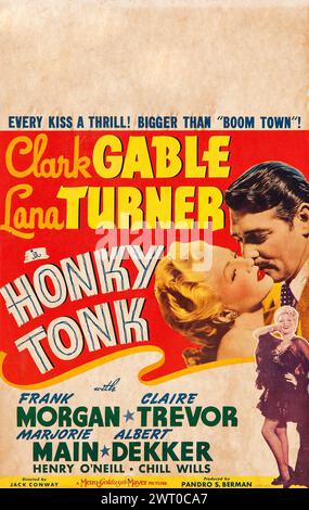 Affiche de film ancienne - Honky Tonk (MGM, 1941). Carte de fenêtre midget taillée - film occidental avec Clark Gable et Lana Turner Banque D'Images