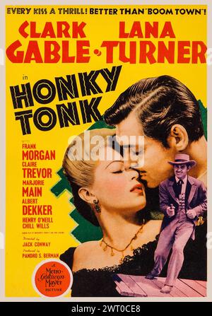 Affiche de film vintage - Honky Tonk (MGM 1941). Carte de fenêtre midget taillée film Western Feat Clark Gable et Lana Turner - chaque baiser un frisson Banque D'Images