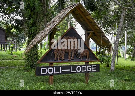 Panneau à Doli Lodge, Bayanga, Préfecture de Sangha-Mbaere, République centrafricaine Banque D'Images