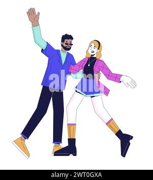 Heureux couple dansant des personnages de dessins animés linéaires 2D. Illustration de Vecteur