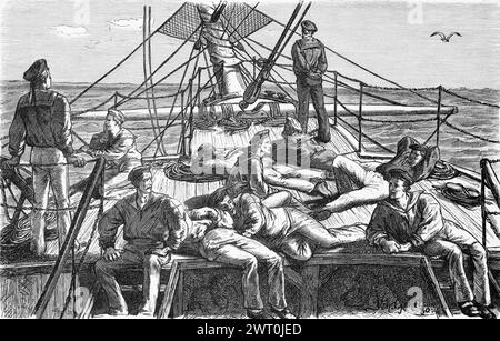 Marins à midi repos à bord, Marine impériale, voilier, proue, mer calme, Allemagne, illustration historique 1880 Banque D'Images