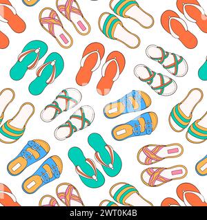 Modèle sans couture avec des chaussures d'été décontractées dans un style de bande dessinée. Tongs, sandales, chaussons design pour papier peint, textile. Illustration vectorielle sur un Illustration de Vecteur