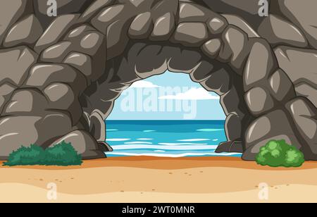 Illustration vectorielle d'une vue sur la plage à travers une grotte Illustration de Vecteur
