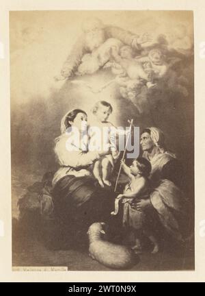 Madonna di Murillo. Inconnu, photographe vers 1865–1885 photographie du tableau de Bartolomé Esteban Murillo, « la Sainte famille ». La peinture représente la Vierge Marie assise avec l'enfant Jésus debout sur ses genoux. Une femme avec une écharpe sur la tête, Sainte Elisabeth, est agenouillée devant eux avec l'enfant Saint Jean Baptiste. Une colombe, le Saint-esprit et Dieu le Père, entourés de putti, planent au-dessus de la scène. (Recto, impression) en bas à gauche, imprimé en négatif : '[illeg] Madonna di Murillo'; Banque D'Images